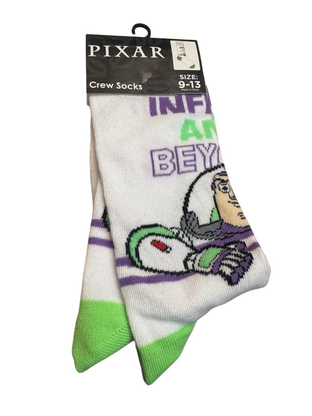 🎉4/20$ BUZZ LIGHTYEAR "To Infinity & Beyond" Men's Sz 9-13 Pair White Socks NWT